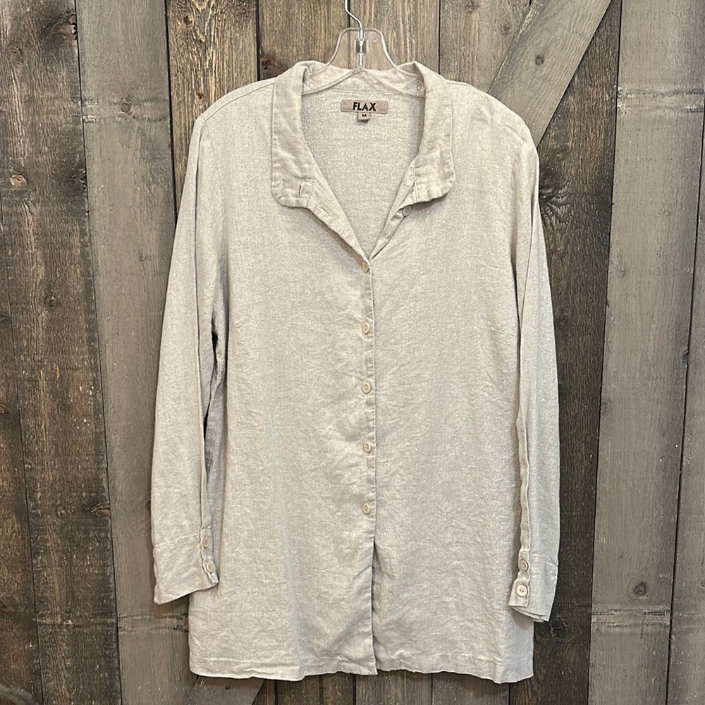 FLAX Linen Tunic Top Beige Metallic Button Front Long Sleeve Lagenlook Medium
